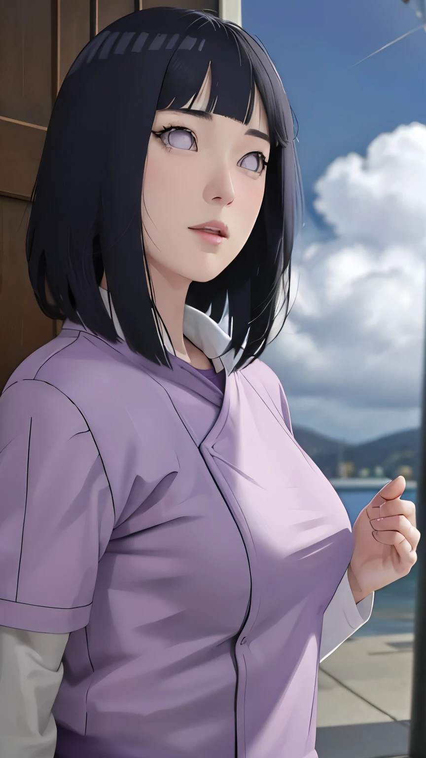 masterpiece、Hinata(bolt)、1 female、solo、Mature beautiful woman、Combat Uniform、Sweat、scenery、Cloudy、Perfect composition、detailedな唇、Large Breasts、Beautiful Face、Body Proportions、blush、(Pink Lips)、Long Hair、Purple Eyes、Soft gaze、shout、Ultra-realistic、detailed、photo shoot、Realistic face and body、Realistic Hair、Realistic eyes、Realistic nose、Realistic lips