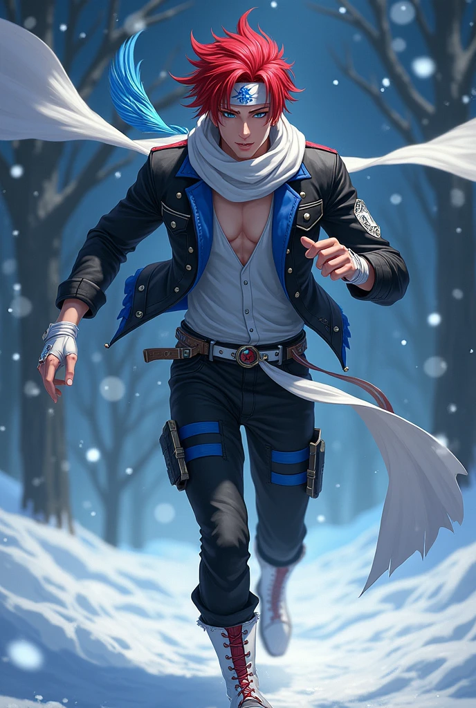 just 1 semi realistic man, super handsome man with seductive eyes, looking like the angel lucifer, wonderful eyes, red hair with a hairstyle similar to that of the character Sasuke, but wearing a white bandana on his head, with the symbol of a blue wing, very blue eyes, like the sky extremely clear, Asian, wears a beautiful short black jacket with cyan blue details, gray blouse, with a huge scarf tied around his neck, that crawls to the ground, black military style pants and white military boots, with red details, além de luvas brancas with red details sem dedos de material como couro, and a punk belt under the shirt. Make him look at the starry sky and the snow, sprinting, with the scarf in the wind.