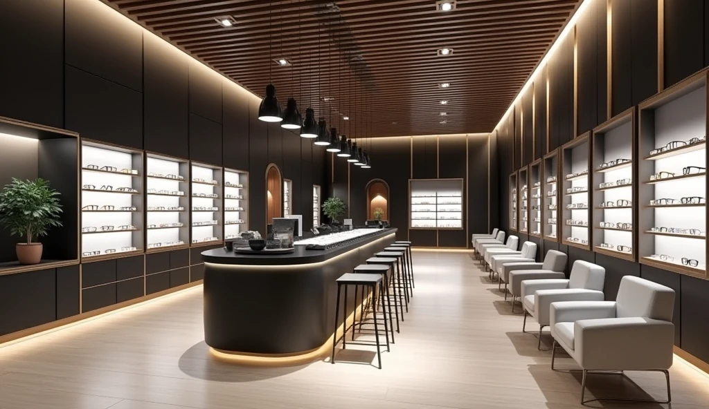 Make an image of what my physical location would be like for my optician called "Sweet look optics" in clinical concept, minimalist, dorado, elegant, luxurious, black white, with light wood and metal decoration, a little futuristic and modern