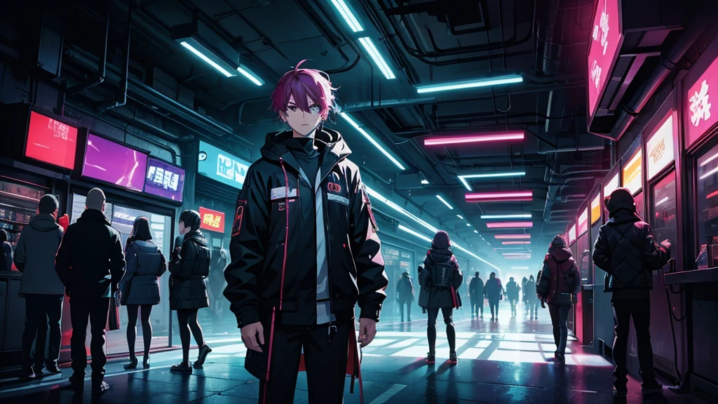 Draw me the characters from the DNA2 anime in a Cyberpunk-like environment