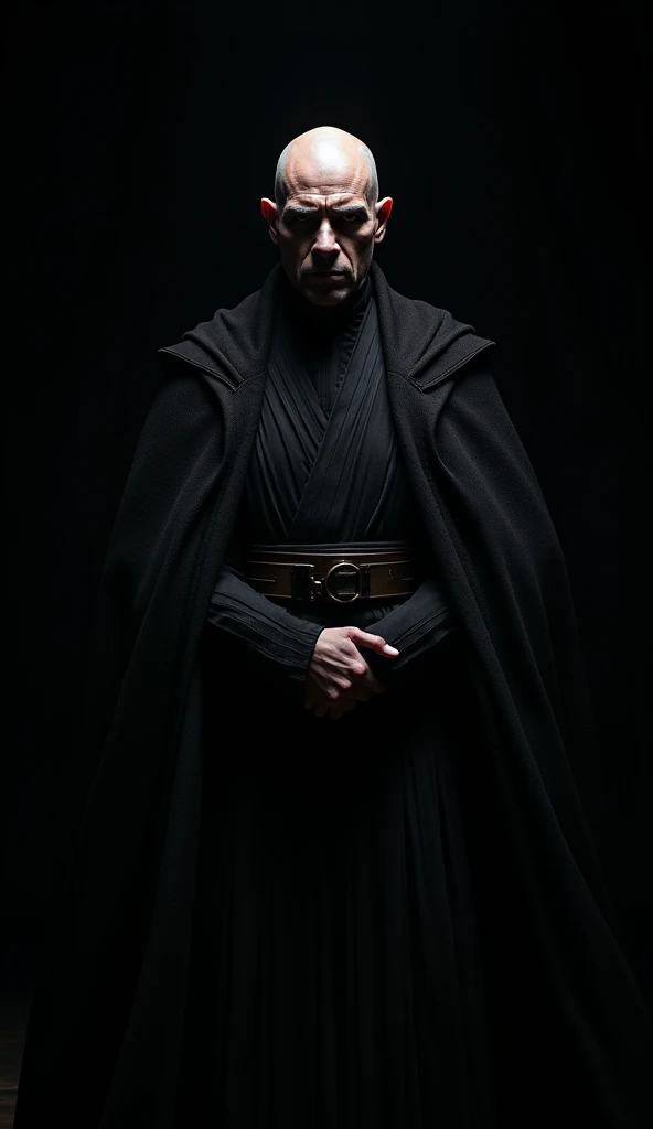 {A hyper-realistic medium shot (mid-waist up) of a Lord Sith standing in the darkness, facing the viewer directly with a serious and intimidating expression. The Lord Sith has a shaved head and appears to be around 3. His face is stern, exuding a menacing aura as he looks directly into the camera, creating a powerful and commanding presence. He is dressed in the traditional dark, intricate Sith robes, which are richly textured and flow around his torso, adding to his formidable appearance. The setting is shrouded in total darkness, with the Sith Lord emerging from the shadows, creating a sense of mystery and danger. The background is entirely black, offering no visibility of the surroundings, enhancing the focus on the Sith Lord’s intense gaze and posture. The photograph is taken in a cinematic style, using one of the world’s most advanced cameras, ensuring extreme clarity and detail. The lens is highly sensitive, capturing every nuance of the Lord Sith’s expression and attire, while the lighting is carefully controlled to highlight his face and upper body against the dark backdrop. The image is rendered in stunning 8K and 4K resolution, with meticulous post-processing to enhance the sharpness, contrast, and depth, delivering an image with unparalleled nitidity and impact.}
--ar 4:3 --v 5.1 --q 2 --style hyper-realistic --hd 8k, 4k --details intricate --sharpness extreme --contrast high --lighting dramatic spotlight --atmosphere dark and ominous --background complete darkness --camera hasselblad h6d-400c ms --lens 85mm portrait --iso 50 --shutter_speed 1/200s --focus_highlight Lord Sith's face, expression, and robes --render ultra-detailed --hdr true --depth_of_field shallow