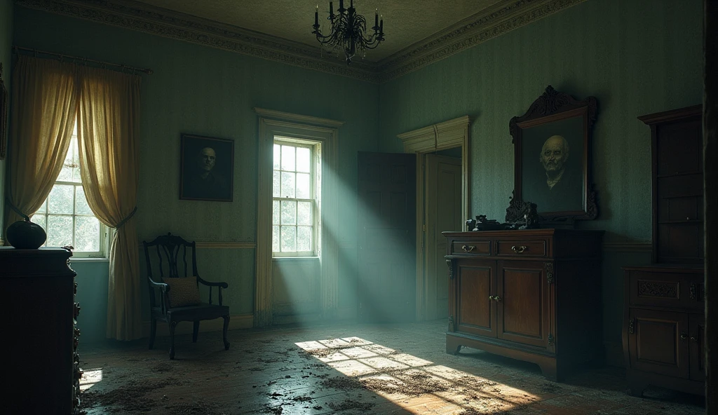 make an illustration of the inside of a haunted house where things move, spirits inhabit and the supernatural has taken over, make it with an ultra-realistic tone, rich in details
