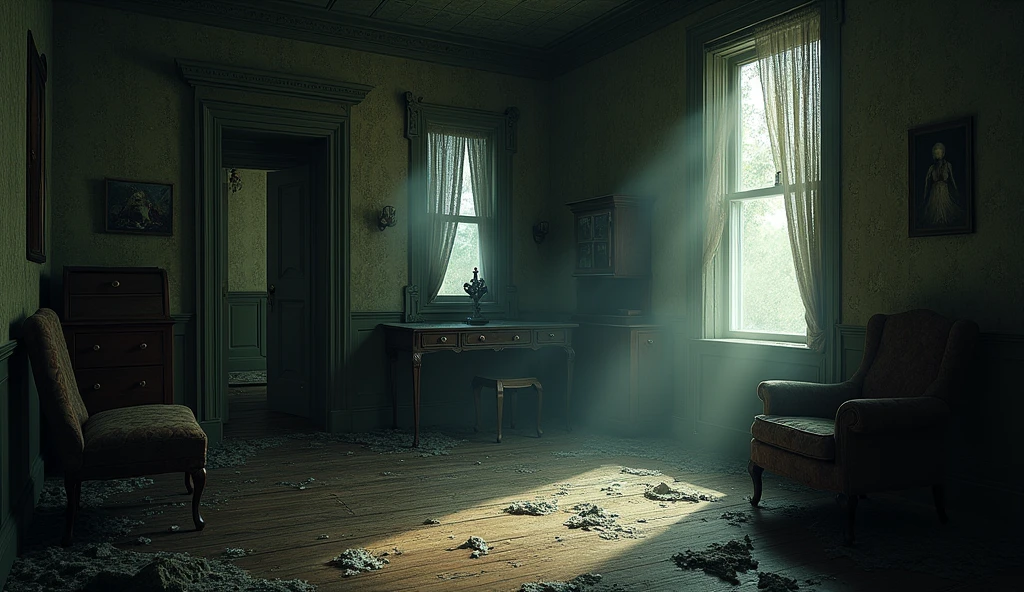 make an illustration of the inside of a haunted house where things move, spirits inhabit and the supernatural has taken over, make it with an ultra-realistic tone, rich in details