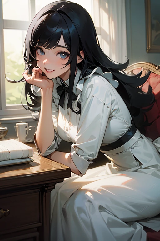 (Highest Resolution, clear_image) Highest quality, single, One woman, alone, masterpiece, Very detailed, Semi-realistic, Black Hairのショートヘア, Black Hair, bangs, 1, mature, Light blue , Indoor Background, kind, Authoritative, Powerful, exquisite features, exquisite features、Eyelashes become longer、Showing teeth、smile😀、Maid clothes、woman'Fingers in the、Sleeping on the sofa、Long Hair、Fluttering in the wind、((Kitchen cooking)).