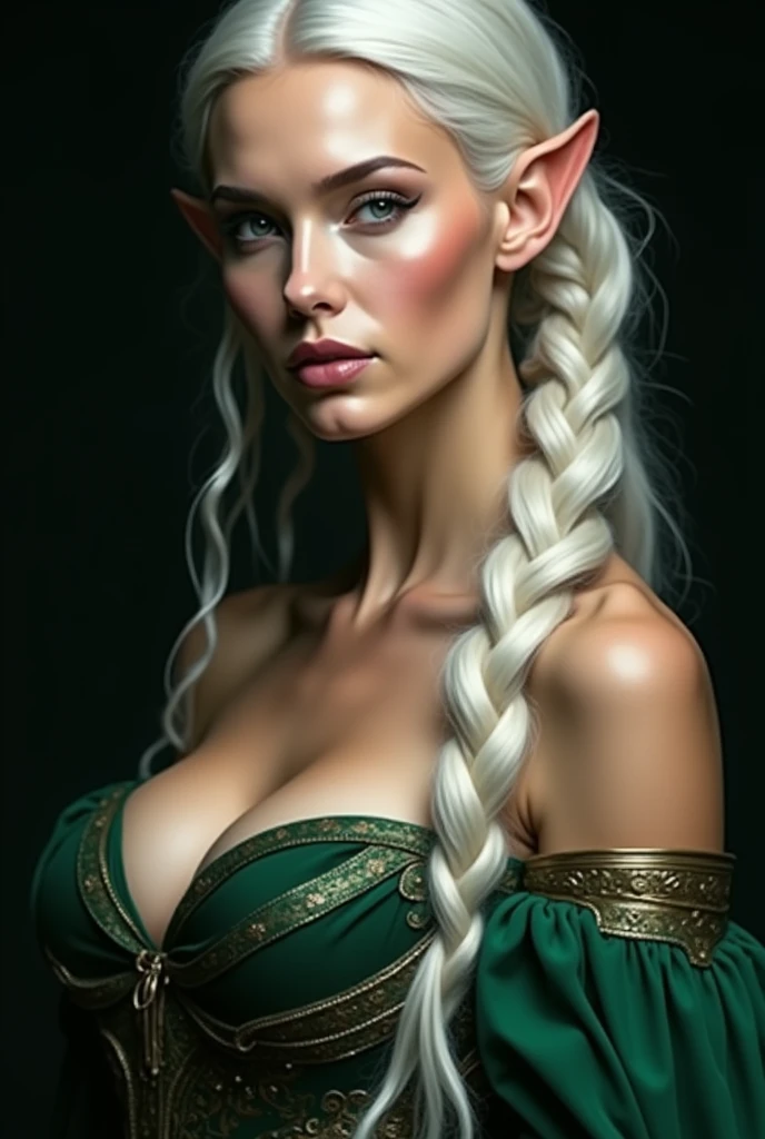 HYBRID FACE BETWEEN CLAUDIA SCHIFFER AND GISELE BUNDCHEN , BUST IMAGE STYLE, STUDIO IMAGE STYLE, BLACK INFINITE BACKGROUND, DIFFUSED LIGHTS ON FACE, STRONG BACK LIGHTS, CLOSE FACE SHOT, PLATINUM LONG HAIR, HUGE STRAIGHT LONG HAIR, BRAID HAIR STYLE, PLATINUM EYEBROWS, VERY PALE SKIN, ELF WOMEN, TOLKIEN MITHOLOGY, EXPOSED TIP EARS, HIGH CHEEKBONES, ROSY CHEEKS, GORGEOUS LIPS, SOFT LIPSTICK, CURVY BODY, VOLUMOUS BREASTS, STRAPLESS CLEAVAGE, GREEN VICTORIAN DRESS, ENIGMATIC FACE EXPRESSION, SIDE FACE VIEW, EYES LOOKING TO THE SIDE, TOLKIEN MITHOLOGY, HIGH QUALITY IMAGE, MASTERPIECE, 8K