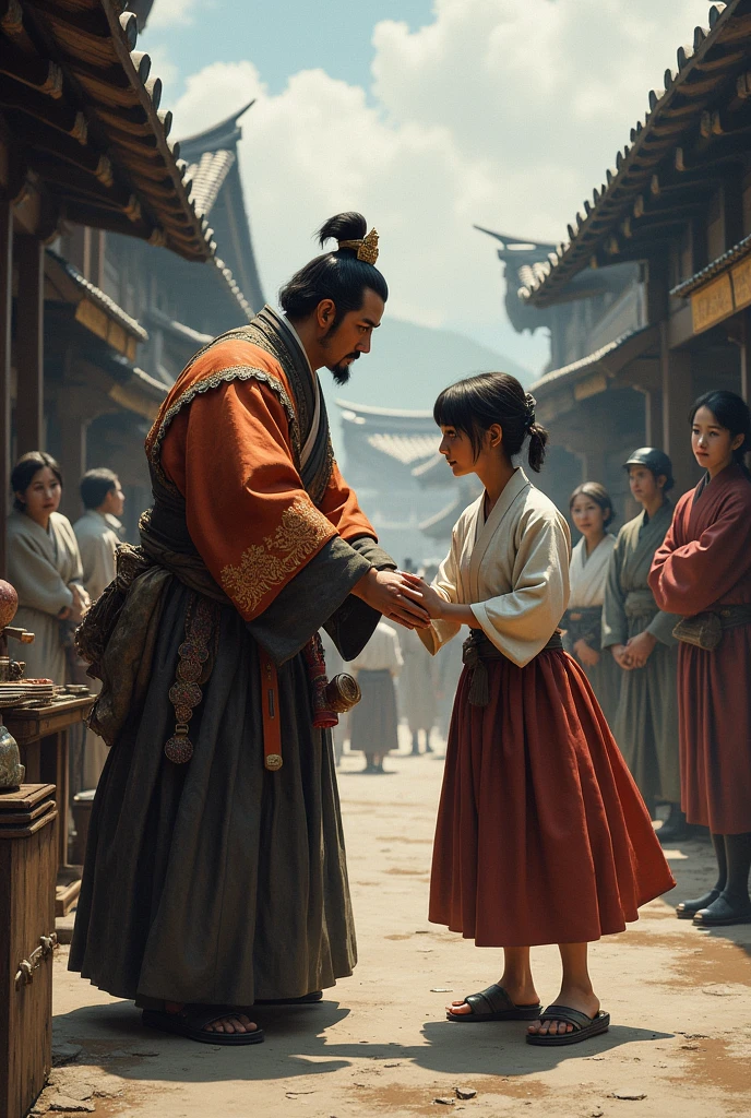 Japanese emperor pushing a 30-year-old peasant girl into the market in the year 1800