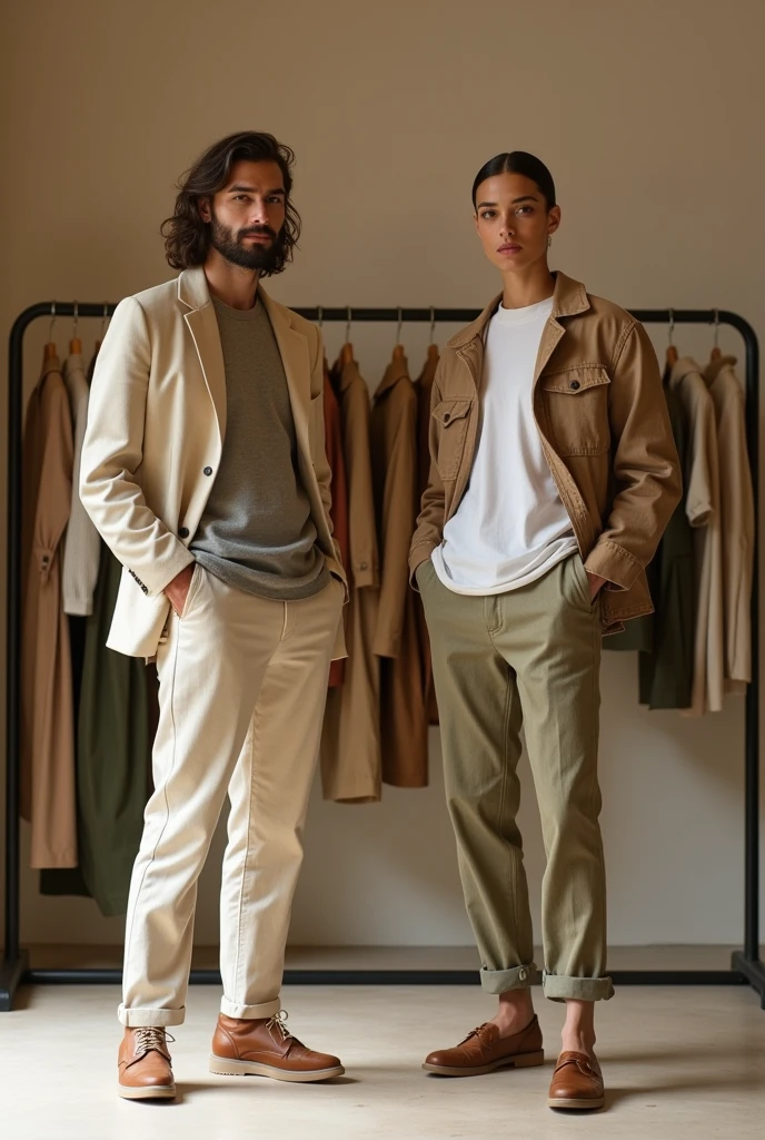 I want an image of different stylish masculine and feminine clothes for men and women that are environmentally friendly., for sale3 on hangers pants, Dresses, more natural jackets for a store more clothes to have more natural men&#39;s clothing more common clothing more common and mixed clothing for men more common men and women posing with the lightest clothing
