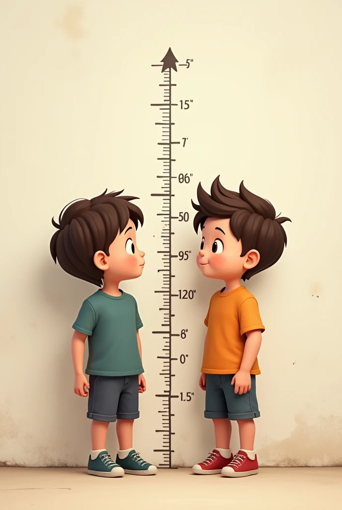 2 boys in a wall comparing height with measurements one boy (shorter by a noticeable amount) and the other is normal (ratio picture of 1:1) (realisti)
