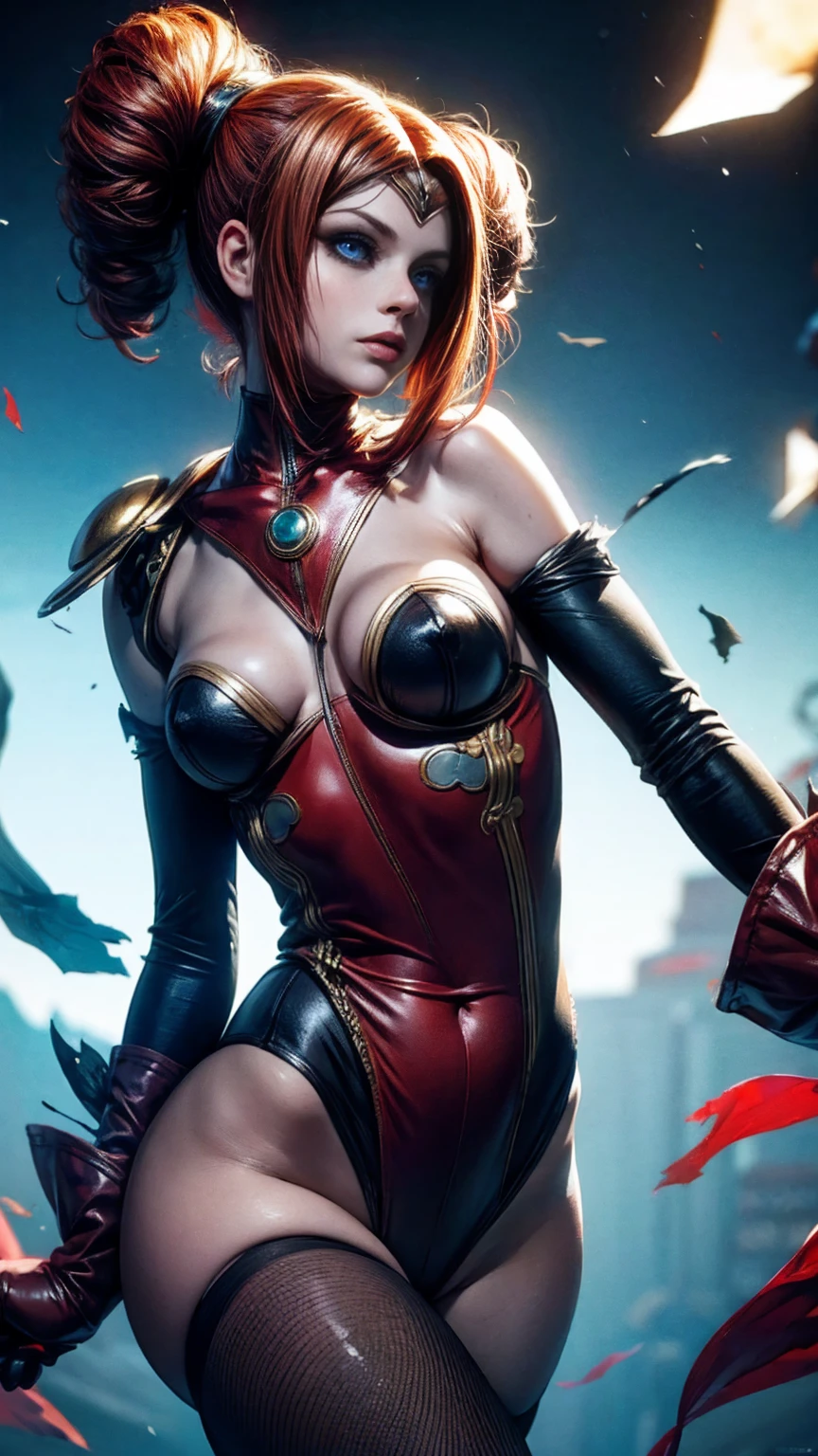 Harle (Chrono Cross), adult woman, slender acrobatic build, (small bust), torn harlequin outfit, torn_high_cut_unitard, torn lacy leggings, torn clothes, fighting poses, full length portrait, (wide angle:1.32), dramatic lighting, cinematic composition, color harmony, hyper-detailed, detailed face, beautiful eyes, dimensional vortex in background, 8k, masterpiece, intricate clothing details, no bra, strong_negative