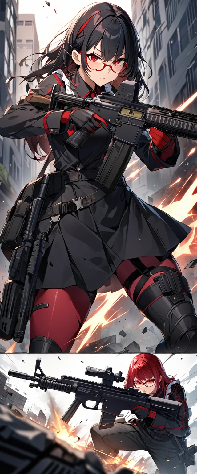 (Perfect Anatomy)、masterpiece、super high quality、 8k、masterpiece、Highest quality、Ultra-high resolution、Maximum resolution、Very detailed、Professional Lighting、anime、Adult female、thin、so beautiful、Very detailedな目、high school girl、Maid clothes、Equipped with an assault rifle、(((Scar L )))、Red Eye、Black Hair、Hangerless Long Gloves、Red glasses、Going into battle alone、(((Assault rifle and take aim))), (((random pose))), 1 person