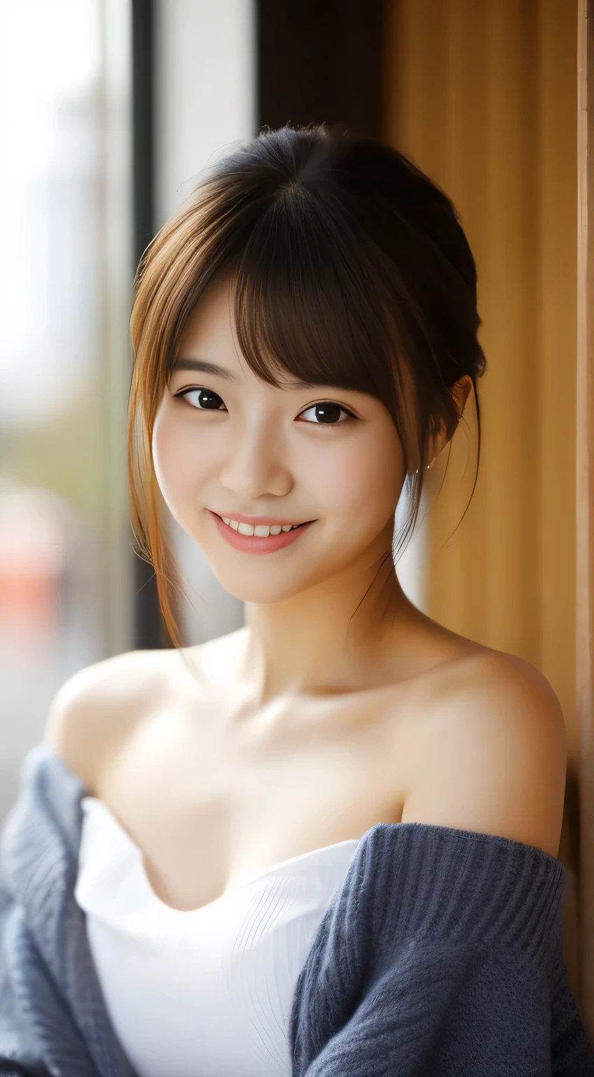 masterpiece,best quality,(Japanese girl),((Beautiful girl)),cleavage,(off shoulder:1.2),(perfect body beauty:1.2),(shy smile),From slightly above