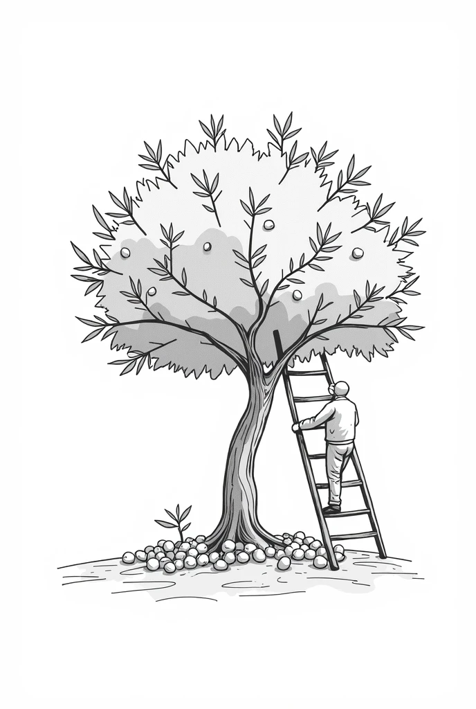 line drawing illustration of olive tree, olives, person farming, minimalist lines, simple in lines, that the tree has a ladder and a grower is climbing it, that doesn&#39;t look so simple