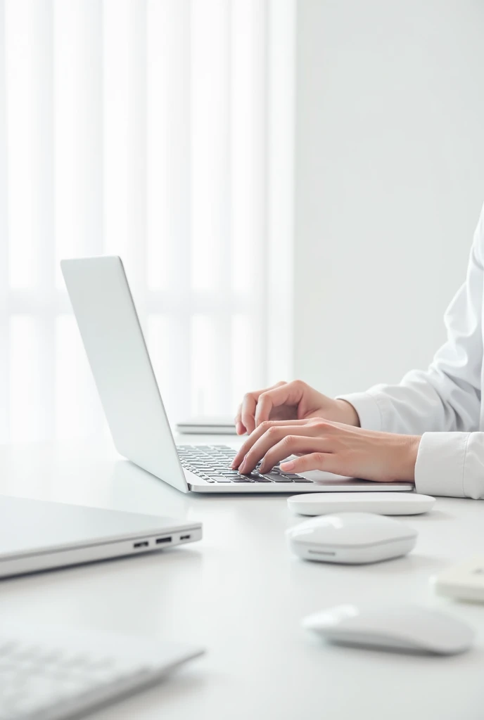 Programmer's hands and all devices on a white desk are white in color