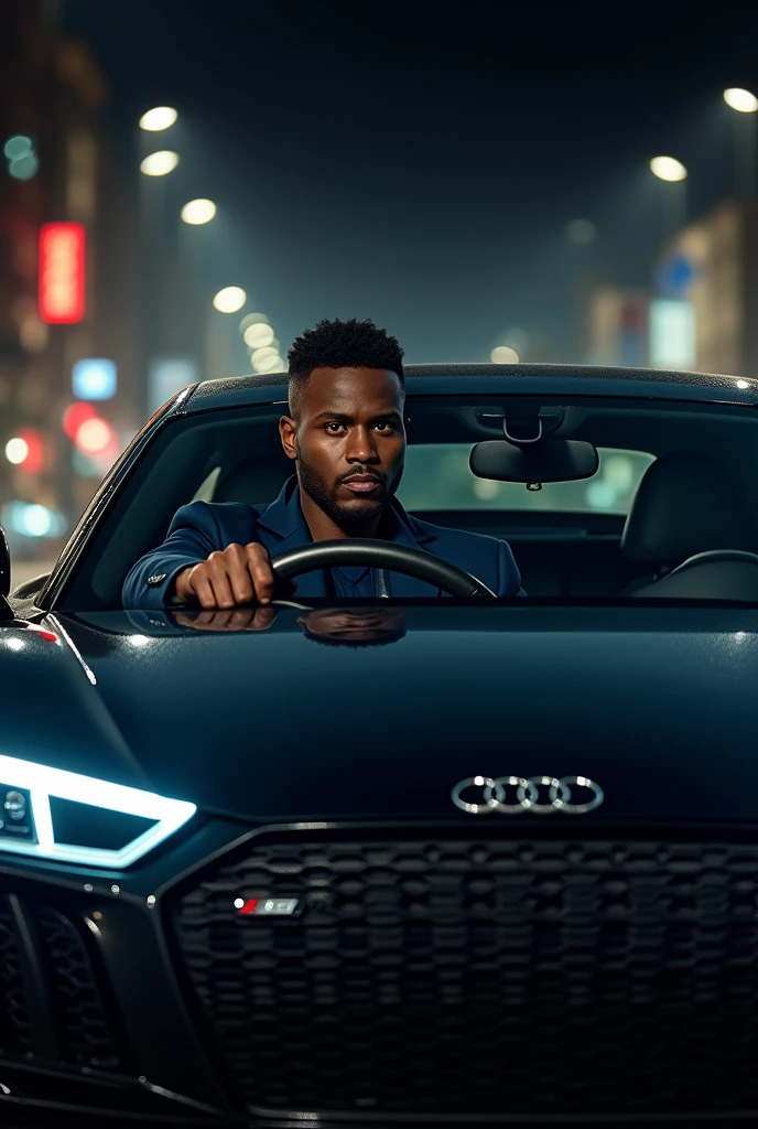 An Audi R8 car with a dark-skinned man inside