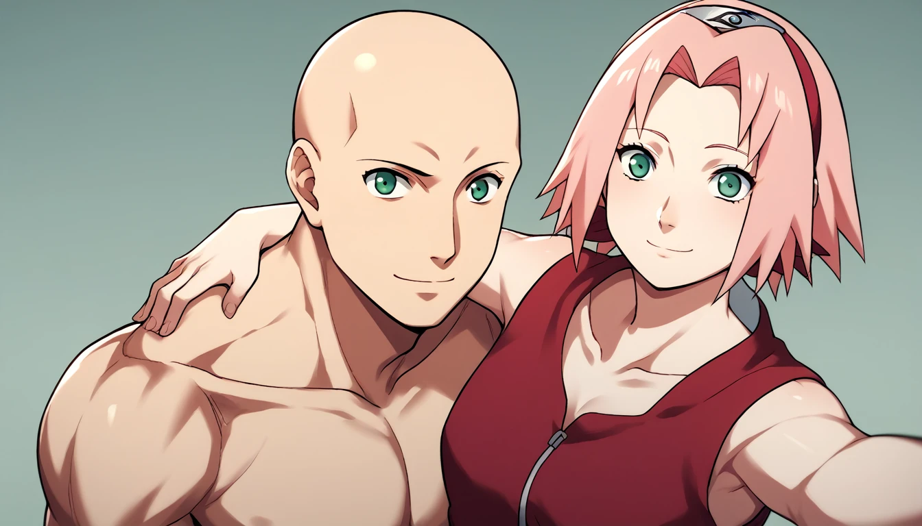BREAK, source_anime,
ung girl, haruno sakura, pink hair, short hair, green eyes, smaller_girl, naked, forehead protector, beautiful legs, beautiful body, naked, konohagakure background, smile, BREAK 1boy, white skin, netorare, taking a selfie, hug, taller male, bigger male, adult male, bald male, bald boy