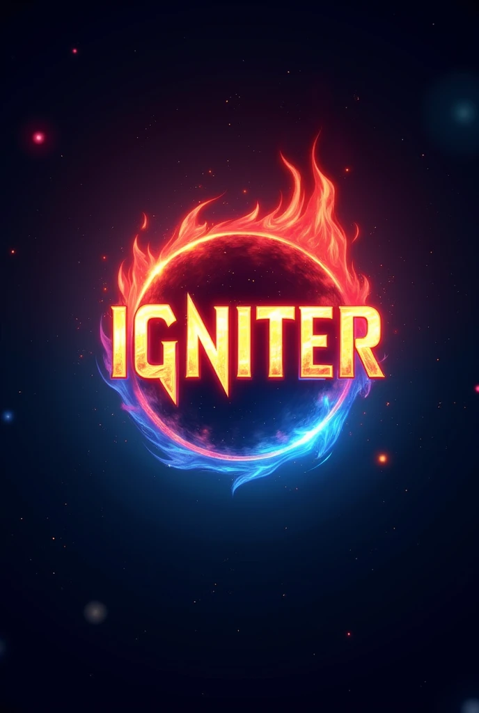 Generate a youtube "gaming channel logo"having the name as "Igniter" with magical red and blue fire aura with a background upto the size of the namw in space