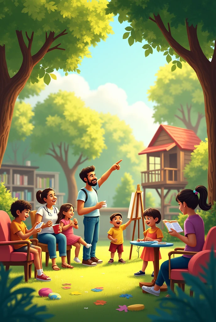 A vibrant outdoor scene features a father standing next to a large treehouse he has just built. His young son is excitedly pointing up at it. Nearby, an artist is sitting at an easel, drawing a picture for a small child who is watching closely. In another part of the scene, a nurse is gently giving medicine to a patient who is sitting in a chair. In the background, a librarian is offering books to a group of children who are sitting in a cozy reading corner filled with cushions and bookshelves. The setting is warm and sunny, with lush greenery and a peaceful atmosphere.