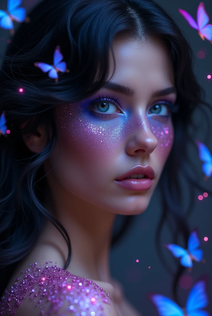 Close-up of a best masterpiece, HD photography, INTENSE SAPPHIRE SKY BLUE EYES only the face of a beautiful Russian woman like Aphrodite, with black hair in waves and sapphire blue eyes as clear as the sky, SAPPHIRE BLUE EYES HIGHLIGHT, Stars of colors in her eyes, with purple and pink glitter on her face, Looking forward in profile, only her face can be seen, In the background a beautiful place dark with pink sparkles and blue butterflies, the glow of d, LEAVE LET YOUR EYES BE THE THING THAT STANDS OUT THE MOST AND THE ONLY THING THE IMAGE FOCUSES ON with diamond skin and hair part shining to symbolize brilliance. with diamond, mirando de lado de perfil, que sus ojos sean hipnotizantes azul brillante zafiro como diamantes, neblina azul