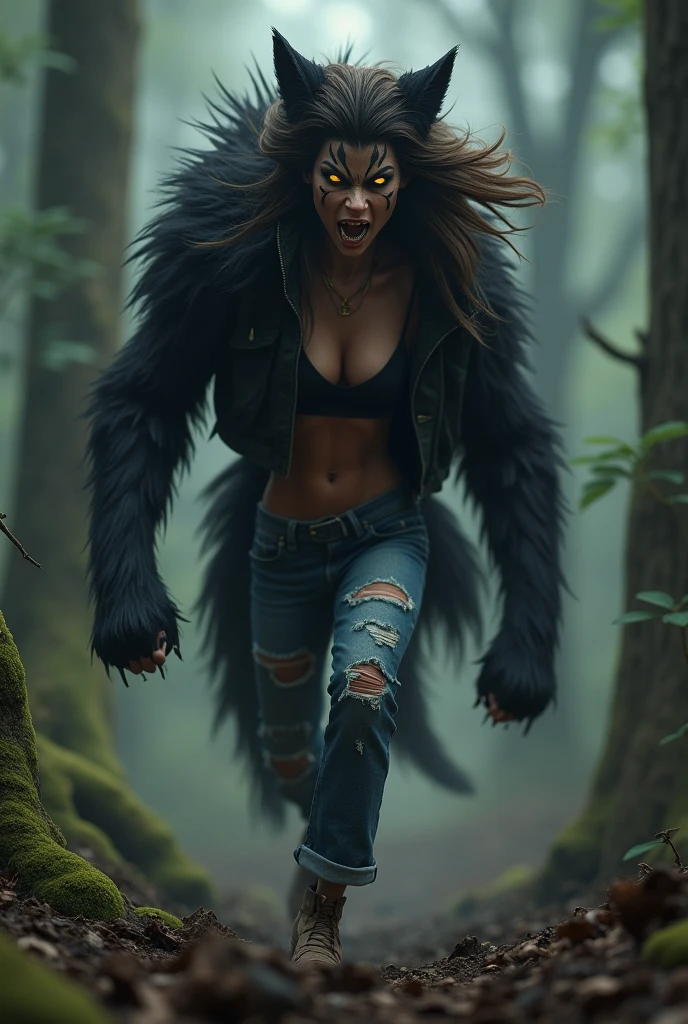 Woman with layered brown hair, yellow-eyed furious, wearing a black top showing her belly and ripped jeans, she is transforming into a black furred werewolf she runs through the forest jumping over a fallen tree