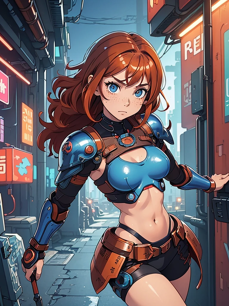 (masterpiece), (best quality), ((one girl)),((red copper hair)),(brown eyes),short hair, curly hair, anime style, freckles, (small breast), (petite figure), legs,(cyberpunk),(blue cyberpunk armor) (full blue body armor),(full leg armor),(almond eyes),(tan skin)