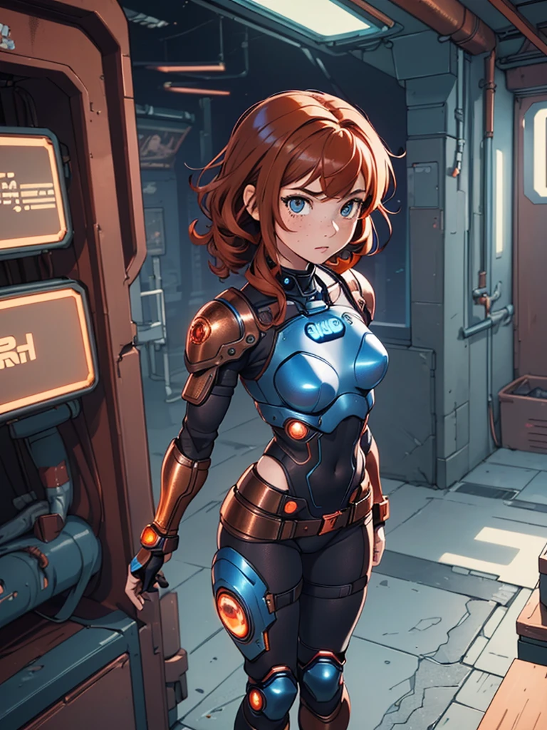 (masterpiece), (best quality), ((one girl)),((red copper hair)),(brown eyes),short hair, curly hair, anime style, freckles, (small breast), (petite figure), legs,(cyberpunk),(blue cyberpunk armor) (full blue body armor),(full leg armor),(almond eyes),(tan skin)