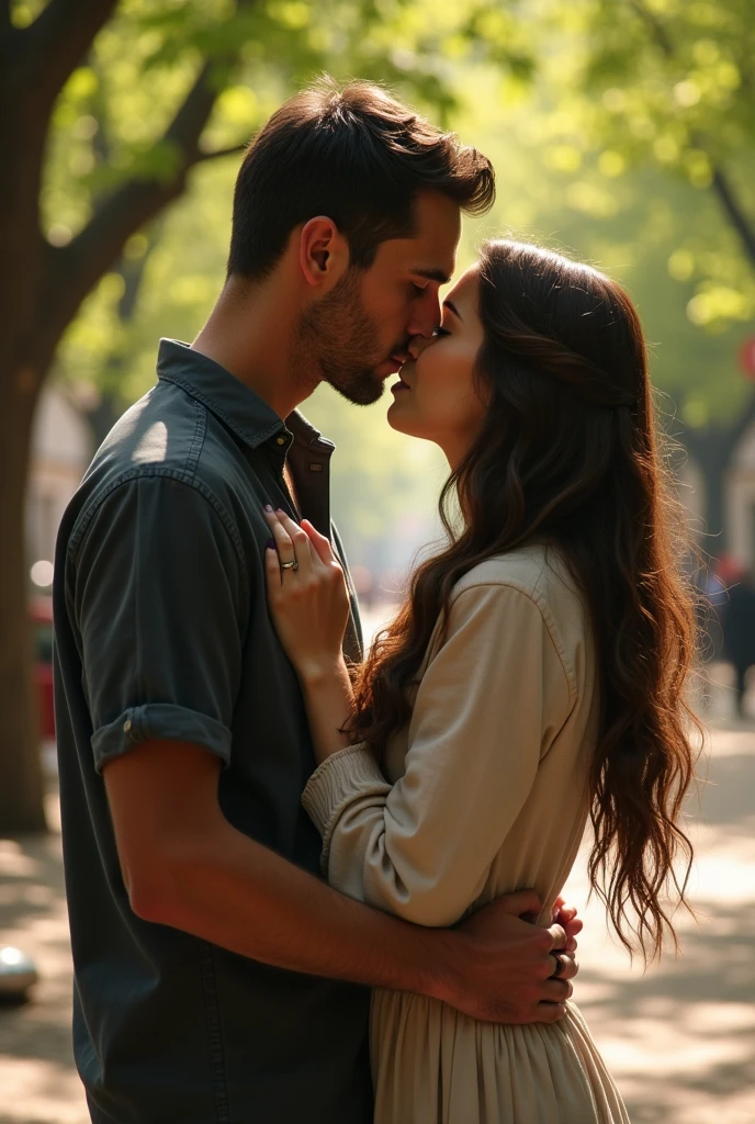 PICTURE REALISTIC, tall thin man, casual clothes, woman in evangelical clothing, very long brown hair, hugging each other tightly, kissing each other passionately in a tree-lined square.