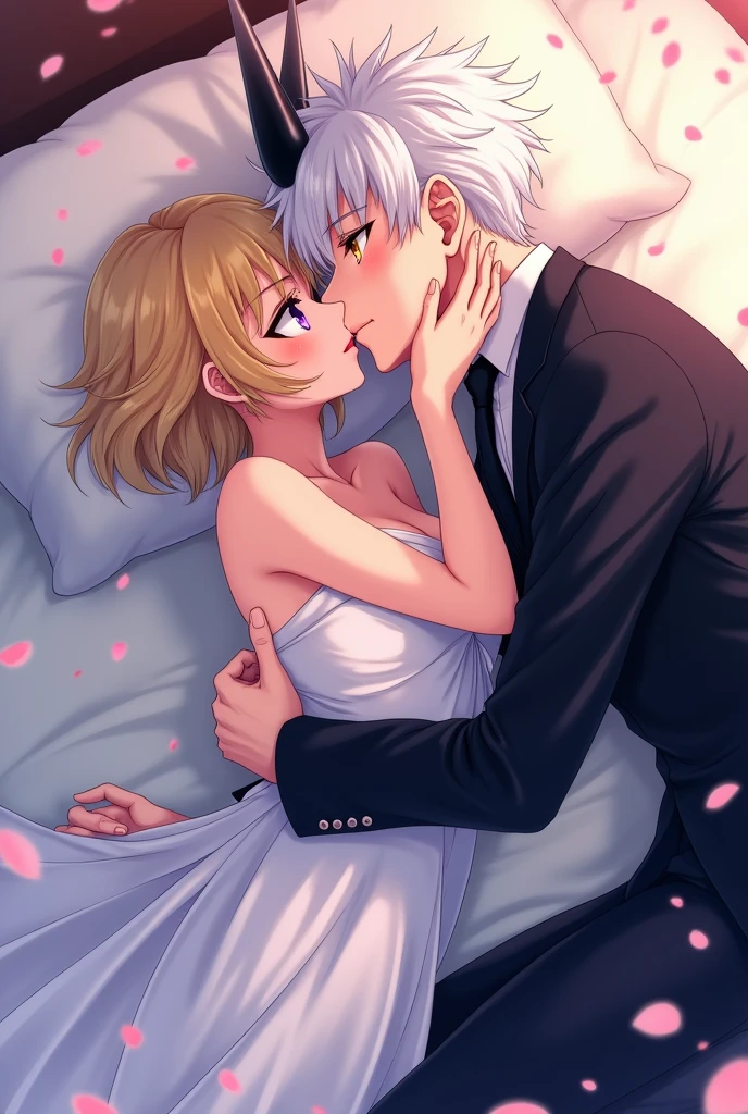 anime style manwha woman , Blonde Short hair, purple eyes, with wedding dress,  with a man with white hair , and horned, yellow eyes, Black Suit,  Lying in bed and kissing   , icon format 