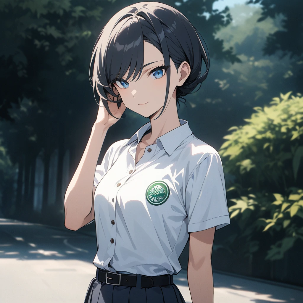 (masterpiece:1.2), (high quality:1.2), anime style, a girl, tall, slender figure, athletic build, deep blue short hair with slightly longer nape, lightly curled ends, side-swept bangs partially covering the right eye, cool grayish-blue eyes with a sharp gaze, elongated face with sharp contours, slightly high cheekbones, well-defined nose, subtle smile, healthy olive skin, casual Japanese school uniform with an open jacket, white shirt with the top button undone, pleated skirt, belt with a charm of a favorite basketball team's logo, white sneakers with a slightly worn look, walking in a daytime park, surrounded by greenery, sunlight filtering through the trees, relaxed atmosphere