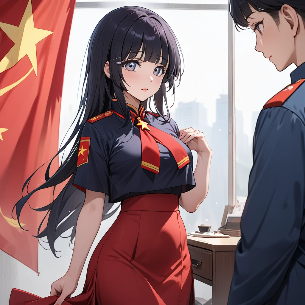 ((Highest quality)), ((masterpiece)), (detailed), (Perfect Face)、The woman is Reika Aoki with semi-long hair、The woman abandoned her Japanese identity and became Chinese.、The woman has become a full-fledged member of the Chinese Communist Party, dressed in Communist Party clothing and wearing a long tight skirt, and is working as a Communist Party spokesperson.