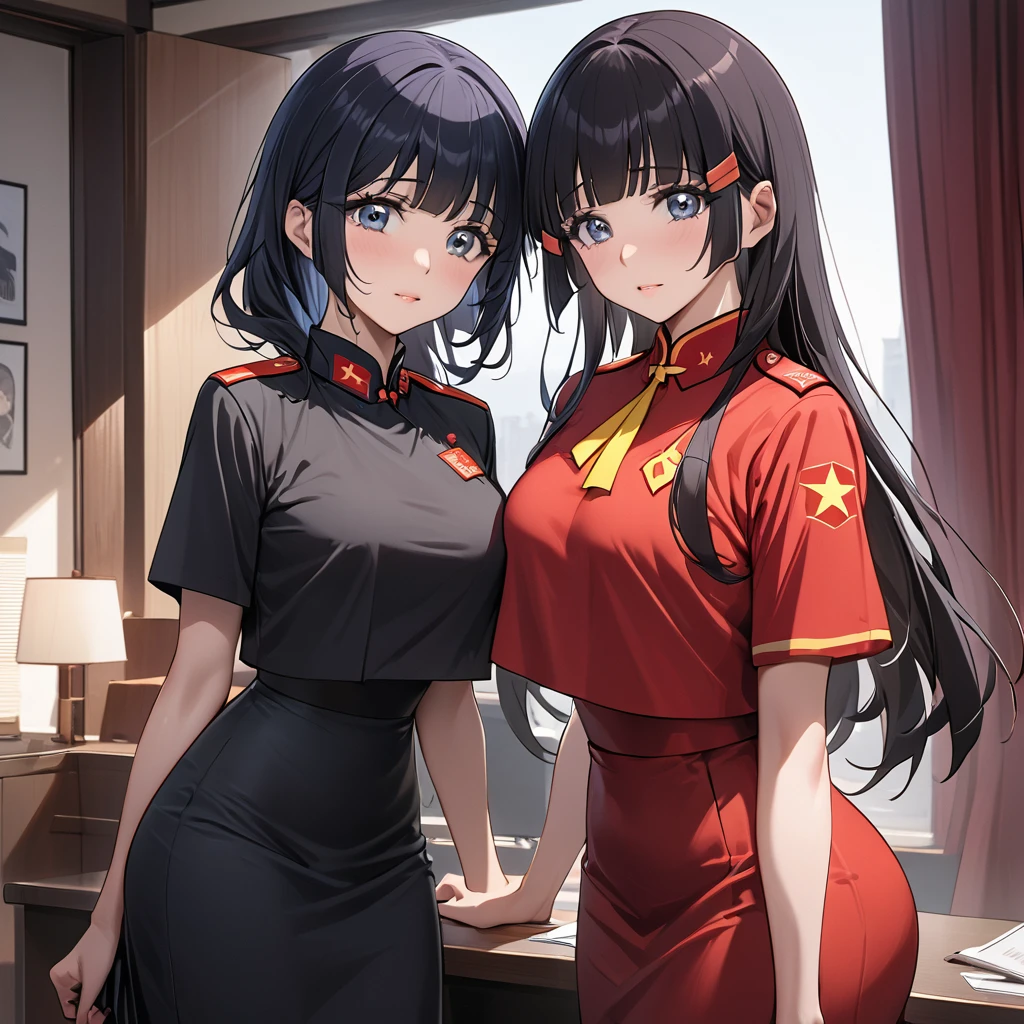 ((Highest quality)), ((masterpiece)), (detailed), （Perfect Face）、The woman is Reika Aoki with semi-long hair、The woman abandoned her Japanese identity and became Chinese.、The woman has become a full-fledged member of the Chinese Communist Party, dressed in Communist Party clothing and wearing a long tight skirt, and is working as a Communist Party spokesperson.