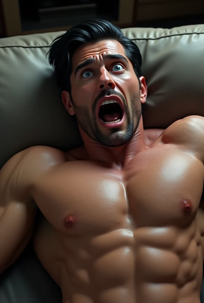 Create a super realistic image of a muscular man, with stylish black hair, tanned white skin, blue colored eyes, medium sized reddish mouth, very sweaty, wearing no shirt, just in shorts, lying on a sofa, with a gasping, open-mouthed facial expression