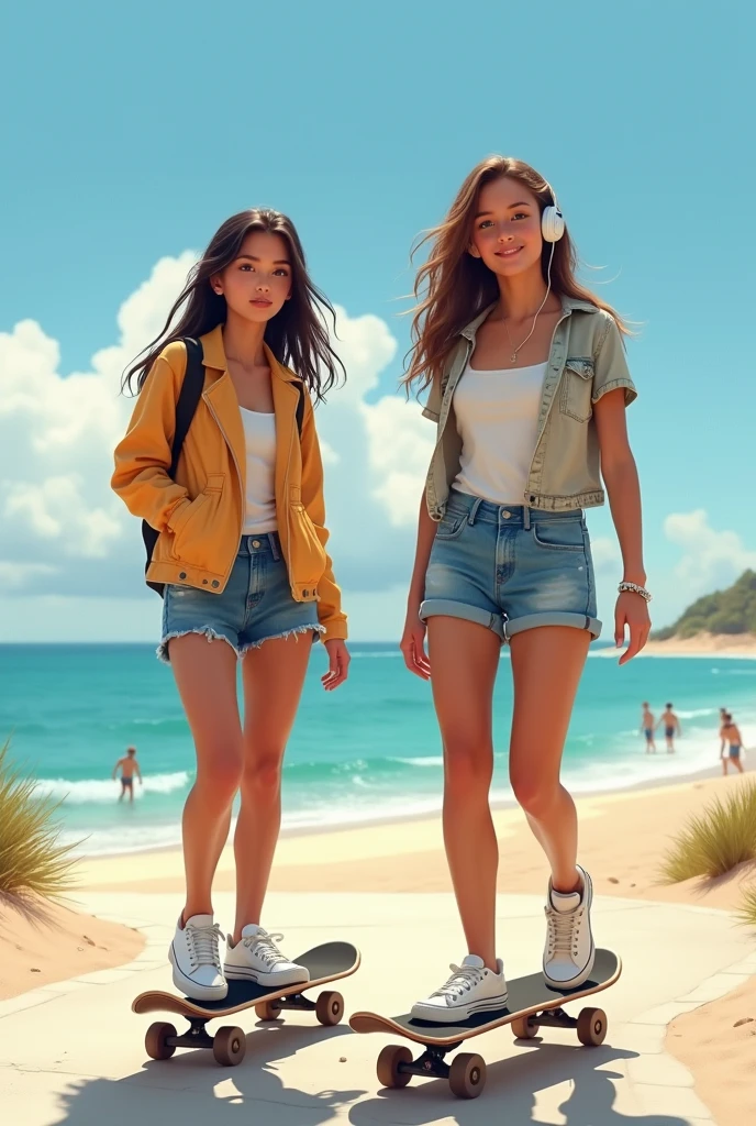 2 girl, skatist, wearing street style, wearing white ear pods, skating cruising in a relaxed posture, shes by the beach walk path
