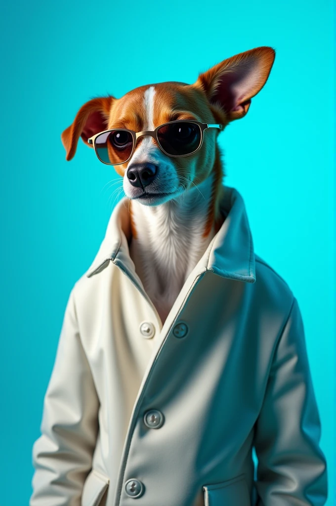 The best cell phone wallpaper, Award-Winning Wallpaper, portrait photography, In the front view is a portrait of a cute dog wearing mid-1960s space age fashion, Side view photo, Shot with Canon EOS R5, Set a strong contrast that accentuates the subject, Fluorescent blue tone, Wearing a very modern coat and sunglasses is a modern 1960s style, Clothes all in one color, beautiful background