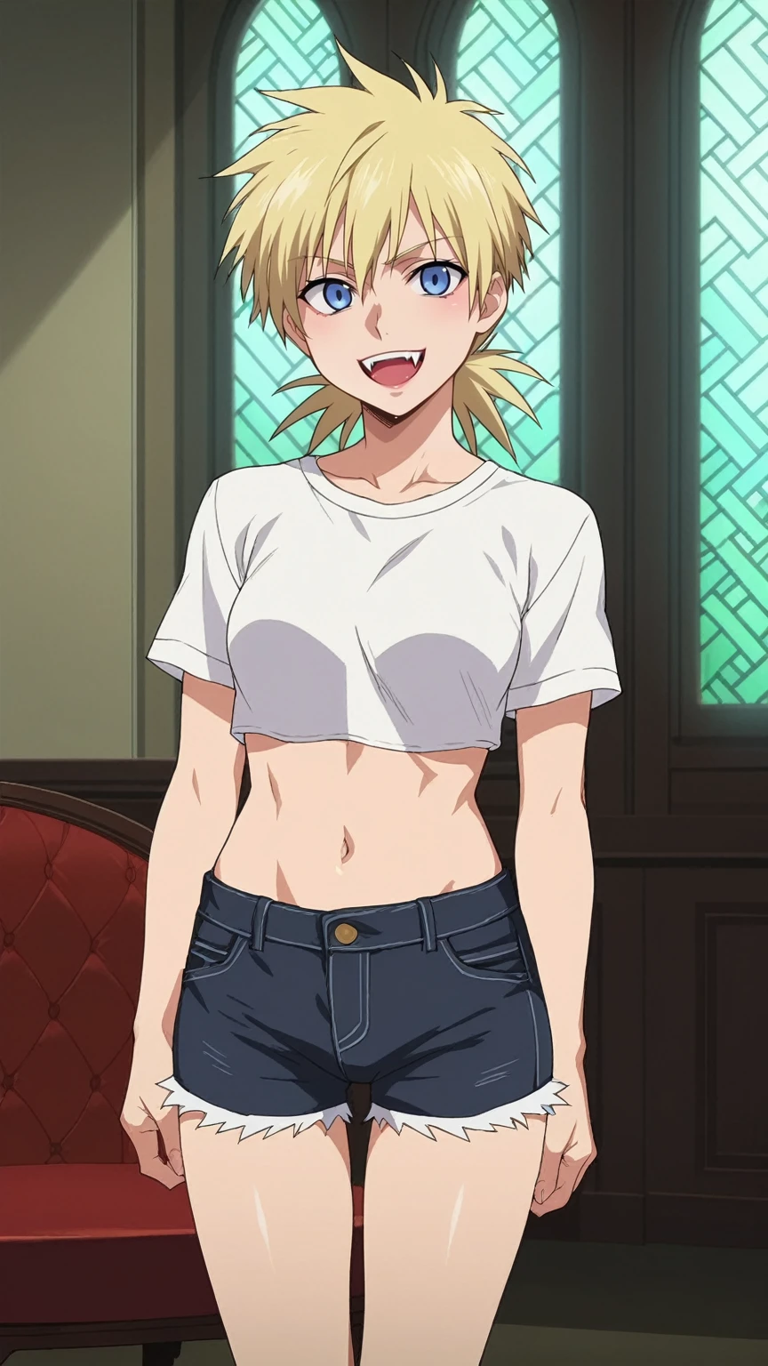 score_9, score_8_up, score_7_up, source_anime, BREAK by ikuchan kaoru, iku, clean color, flat color, 1girl, anime screencap, screencap, seras, hellsing, blonde hair, blue eyes, shorts, knotted shirt, crop top, navel, standing, indoors, fancy castle, mansion, brick home, happy, smile, blood, fangs, vampire 