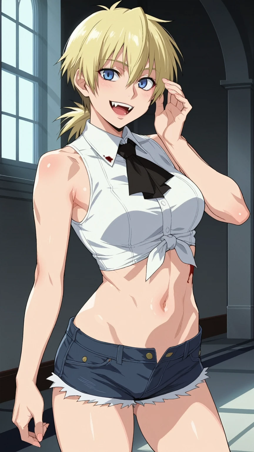 score_9, score_8_up, score_7_up, source_anime, BREAK by ikuchan kaoru, iku, clean color, flat color, 1girl, anime screencap, screencap, seras, hellsing, blonde hair, blue eyes, shorts, knotted shirt, crop top, navel, standing, indoors, fancy castle, mansion, brick home, happy, smile, blood, fangs, vampire
