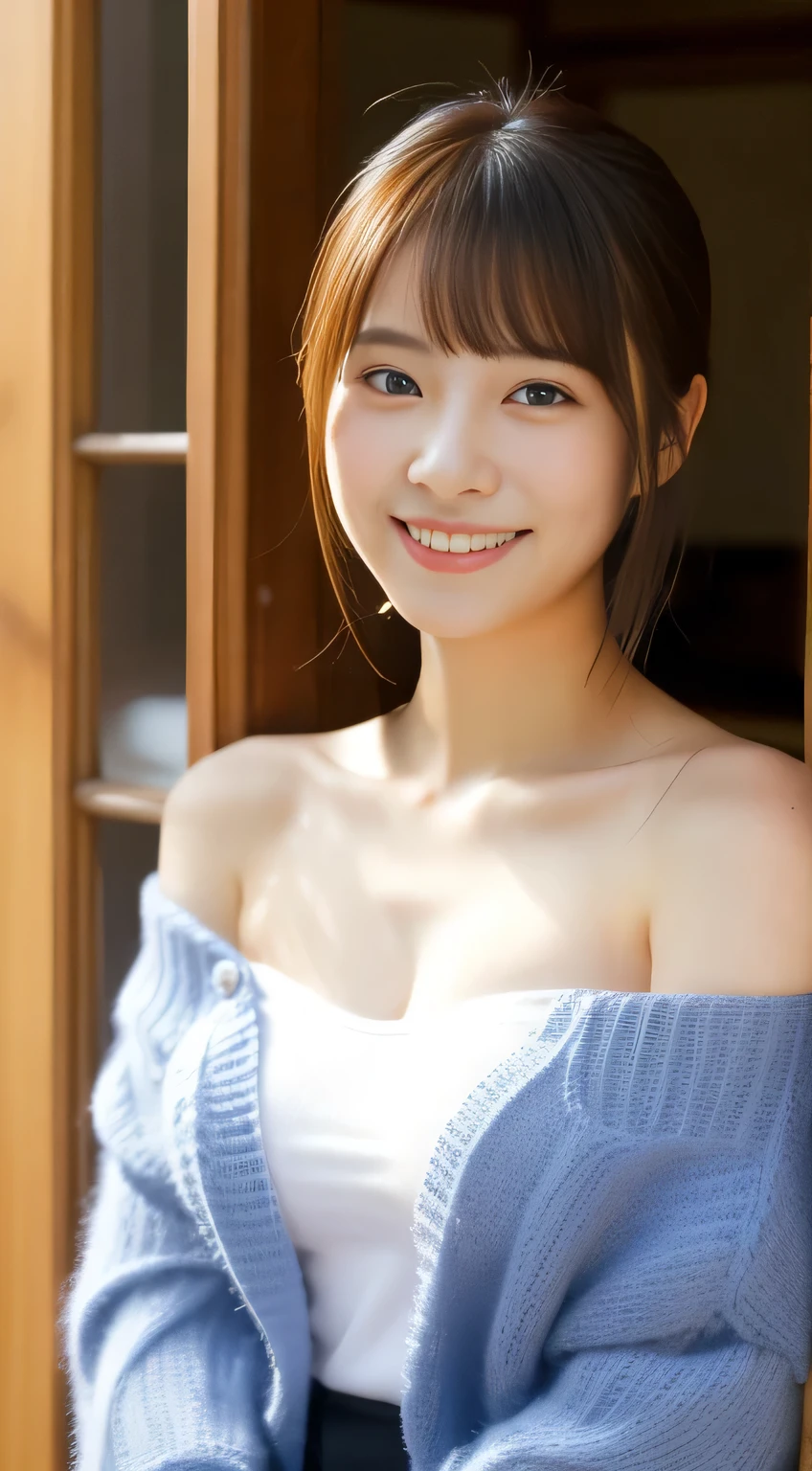 masterpiece,best quality,(Japanese ),((Beautiful girl)),cleavage,indoor,(perfect body beauty:1.2),(shy smile),beautiful teeth,