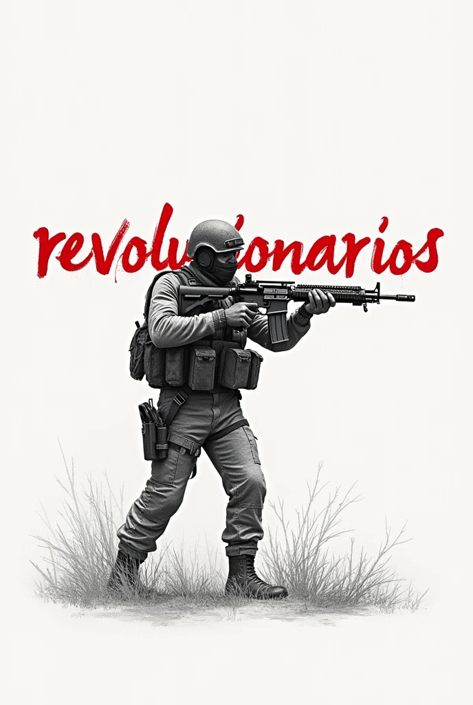 Make an image for a server called 'Revolucionarios', He must be wielding an m4 in a war scenario, half drawn in minimalist pencil with 2D red writing with writing above and below half curved 2D and it has to have the name REVOLUTIONARIOS in the photo