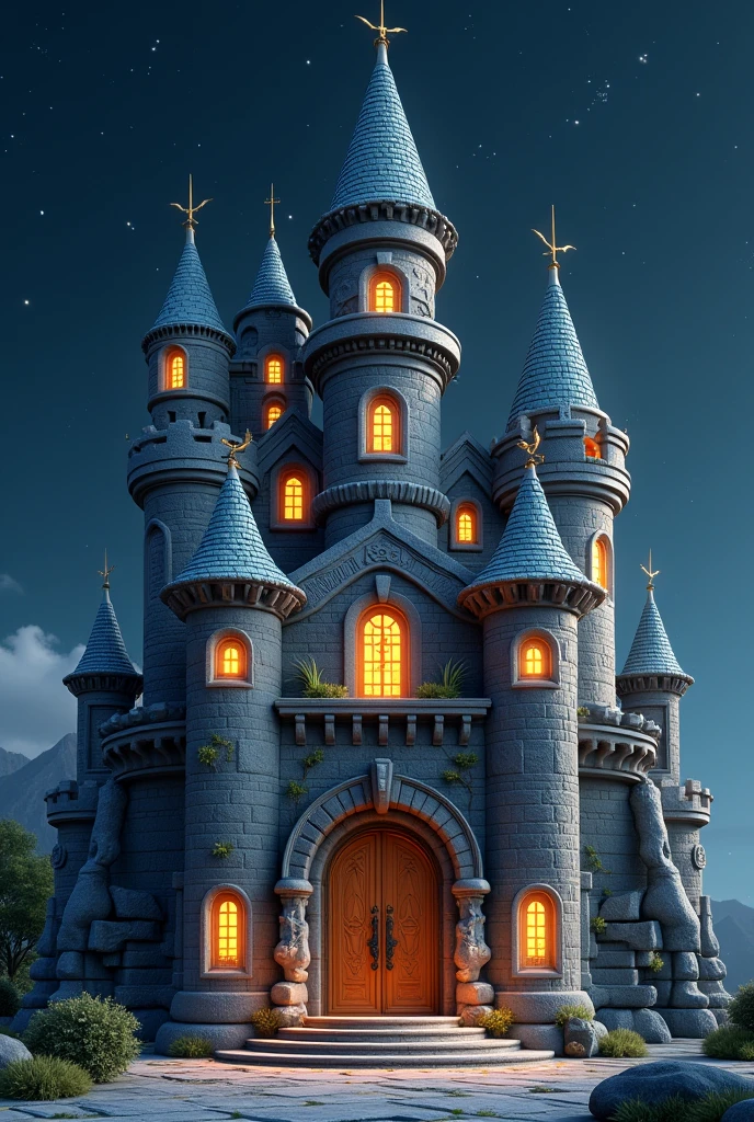 Create a mystical and fantastic castle in 3D .
With astrological symbols and meanings of the planet Saturn With seven main equal towers .
That there be an animal archetype guarding both sides of the castle&#39;s main entrance door 
