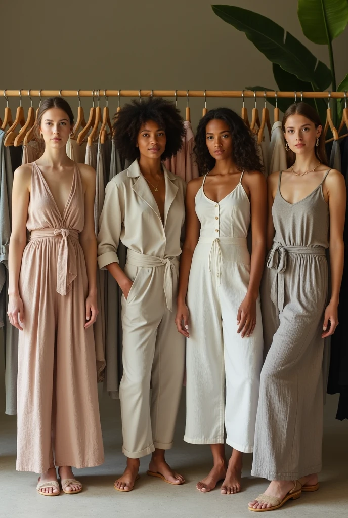 I want an image of different stylish masculine and feminine clothes for men and women that are environmentally friendly., for sale3 on hangers pants, Dresses, jackets more natural for a store more clothes to have more natural men's clothing more common clothing more common and mixed clothing for men more common men and women posing with the lightest clothing many men and women