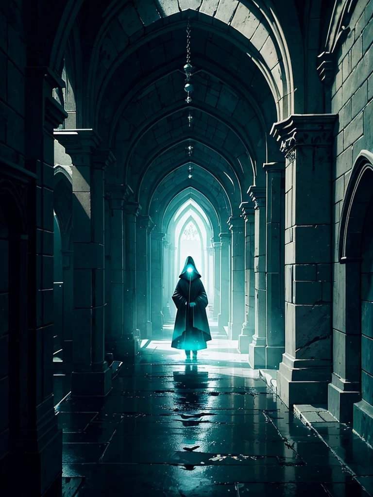 A solitary hooded figure in a long, flowing robe standing at the center of a dark, damp underground corridor. The scene is illuminated by an ethereal turquoise light from above, creating a halo around the figure. The environment is mysterious and supernatural, with ancient stone walls and gothic arches visible in the shadows. Water on the floor softly reflects the light, adding depth to the scene.
