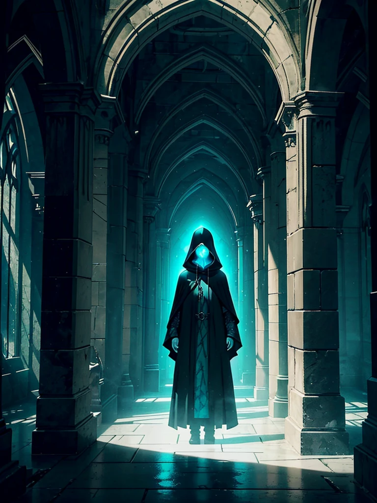 A solitary hooded figure in a long, flowing robe standing at the center of a dark, damp underground corridor. The scene is illuminated by an ethereal turquoise light from above, creating a halo around the figure. The environment is mysterious and supernatural, with ancient stone walls and gothic arches visible in the shadows. Water on the floor softly reflects the light, adding depth to the scene.