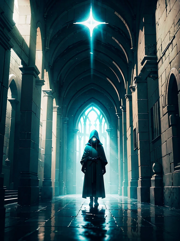 A solitary hooded figure in a long, flowing robe standing at the center of a dark, damp underground corridor. The scene is illuminated by an ethereal turquoise light from above, creating a halo around the figure. The environment is mysterious and supernatural, with ancient stone walls and gothic arches visible in the shadows. Water on the floor softly reflects the light, adding depth to the scene.