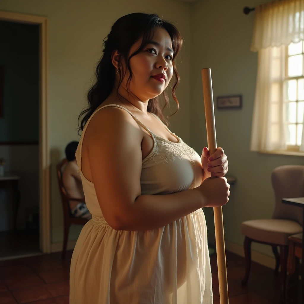 a beautiful indonesian woman, chubby, big breasts, wearing wet sheer housedress, cleaning the house, holding broom in the living room, look at the viewer, natural light, realistic photography, wide angle shot, detailed facial features, intricate clothing folds, soft lighting, warm color tone, bathroom, photorealistic, cinematic composition, high quality, 8k, masterpiece