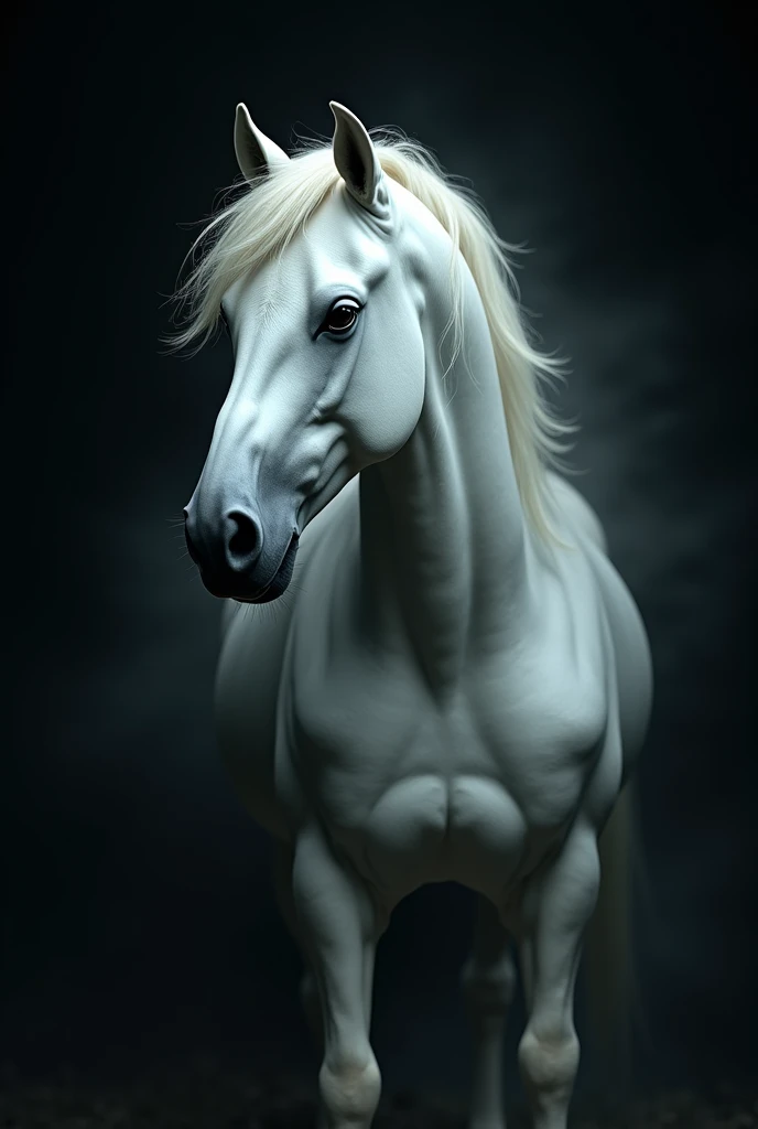 Pale white horse on black background, image in dark aspect