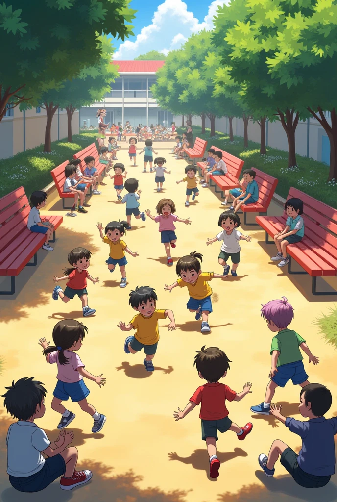 Children playing at recess at school with their friends and others sharing stories