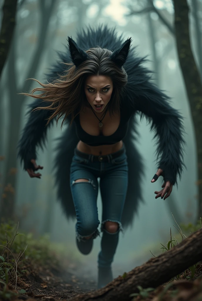 Woman with layered brown hair, yellow-eyed furious, wearing a black top showing her belly and ripped jeans, she is transforming into a black furred werewolf she runs through the forest jumping over a fallen tree