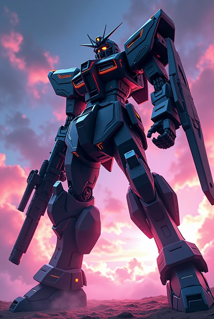 Fluorescent Black, anime, Giant Robot, fluid, Junmin, Sniper, High firepower, heroic, Thin legs, Super robot full body image, Sniper stance, Fighting with the enemy, Simple Background,universe, 