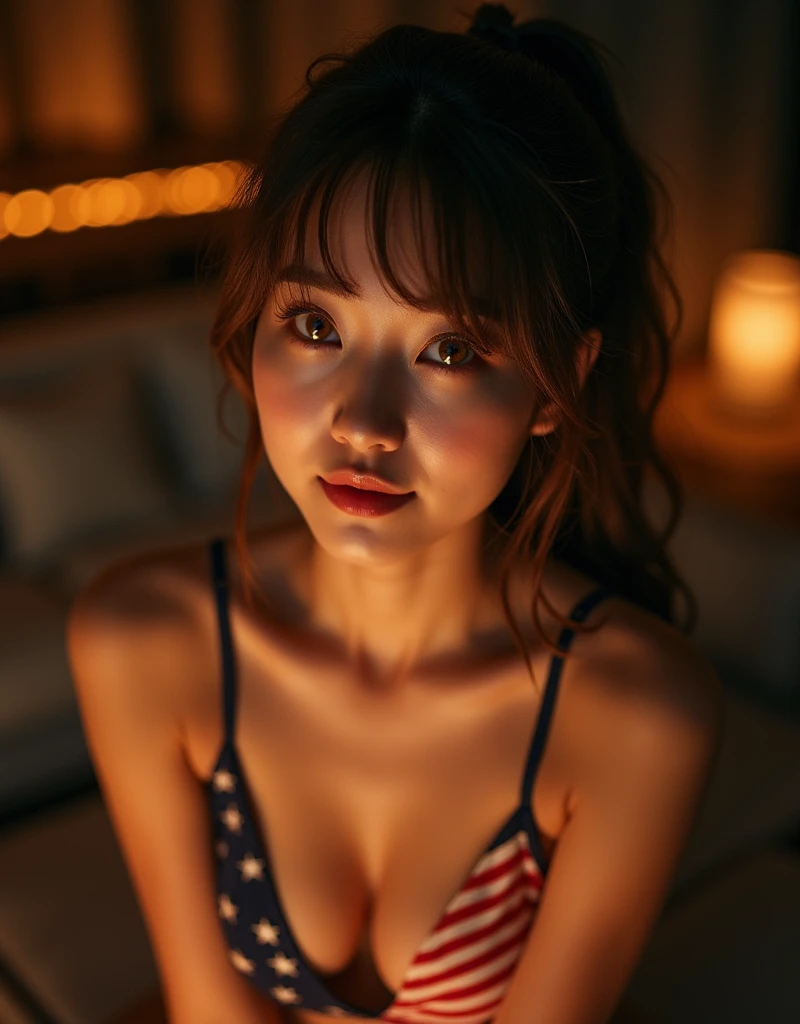 Masterpiece of elegance: A stunning Korean girl posing in a luxurious living room, bathed in warm spotlight. Her baby-faced features are showcased as she leans forward, her droopy eyes gazing up with a subtle smile. Amber eyes sparkle with detail, complementing her brown ponytail hair with bangs. Oily skin glows in the soft lighting. She dons a stars and stripes bikini, accentuating her medium bust. The composition is dramatic, with the subject silhouetted against a dark theme, drawing attention to her captivating features.