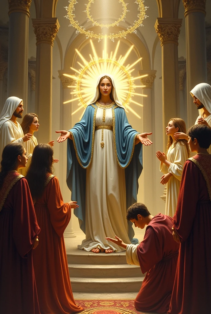 Create an image where the promise of the virgin of fatima was kept by a sinner and she is saving their soul at heavenly court giving them their graces for their salvation