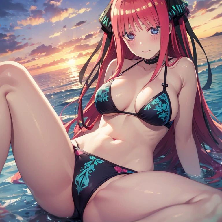 best quality, insanely detailed, nino nakano, breasts, blush, seaside background, looking at viewer, cheerful eyes, arousal, bikini tops, short Underwear, tankini, spread legs